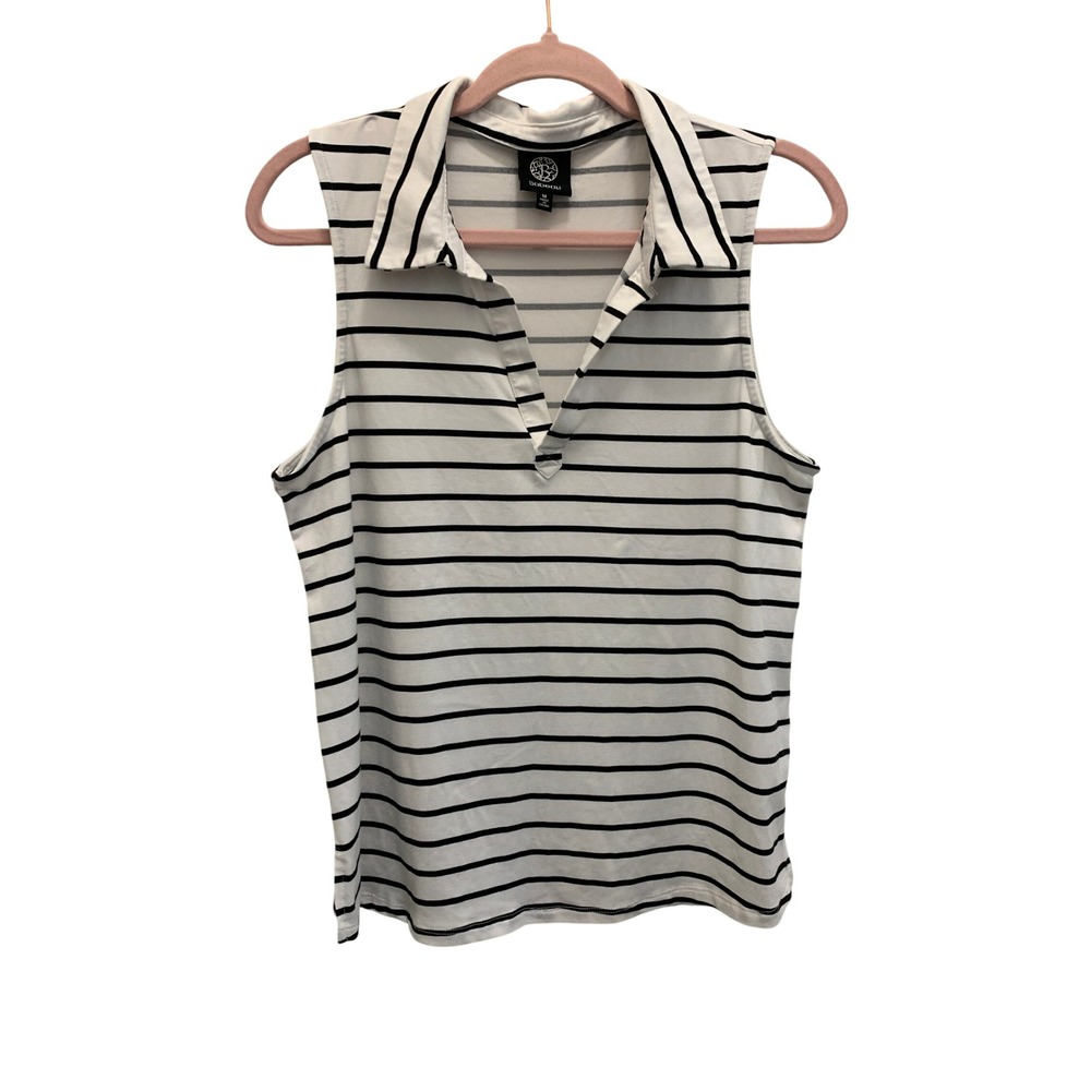Women's M Striped Sleeveless Collared Polo Top Black White Stretch Knit Nautical